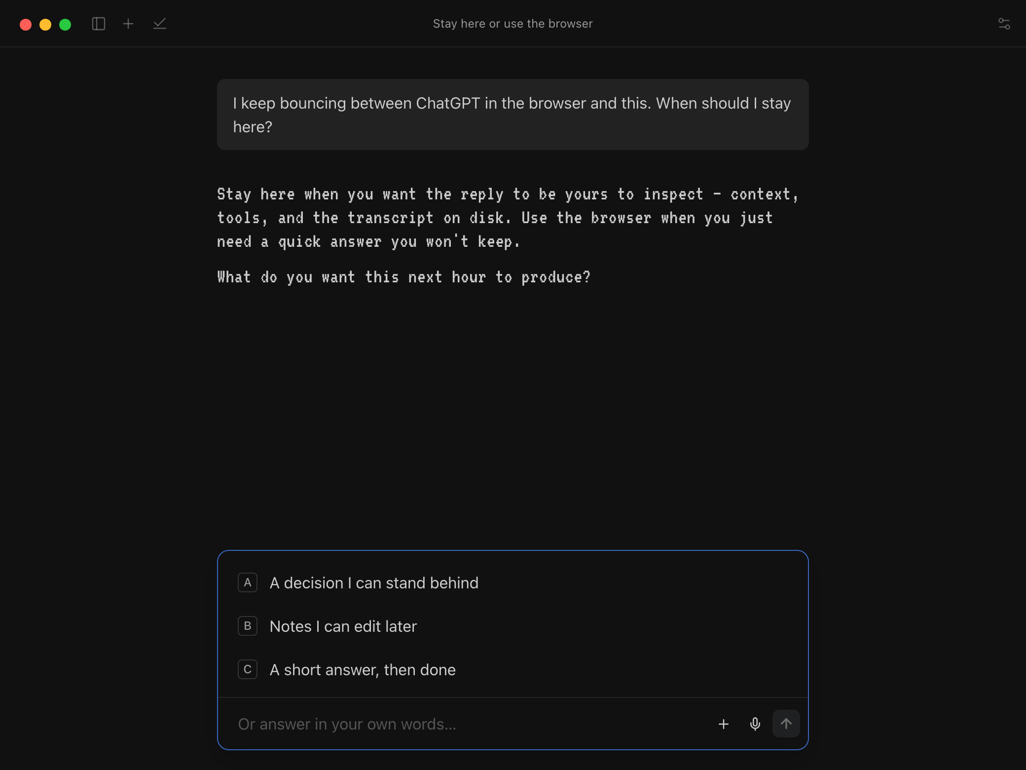 A Grill conversation: a short reply ending in a question, with three lettered answers in the composer and room to answer in your own words.