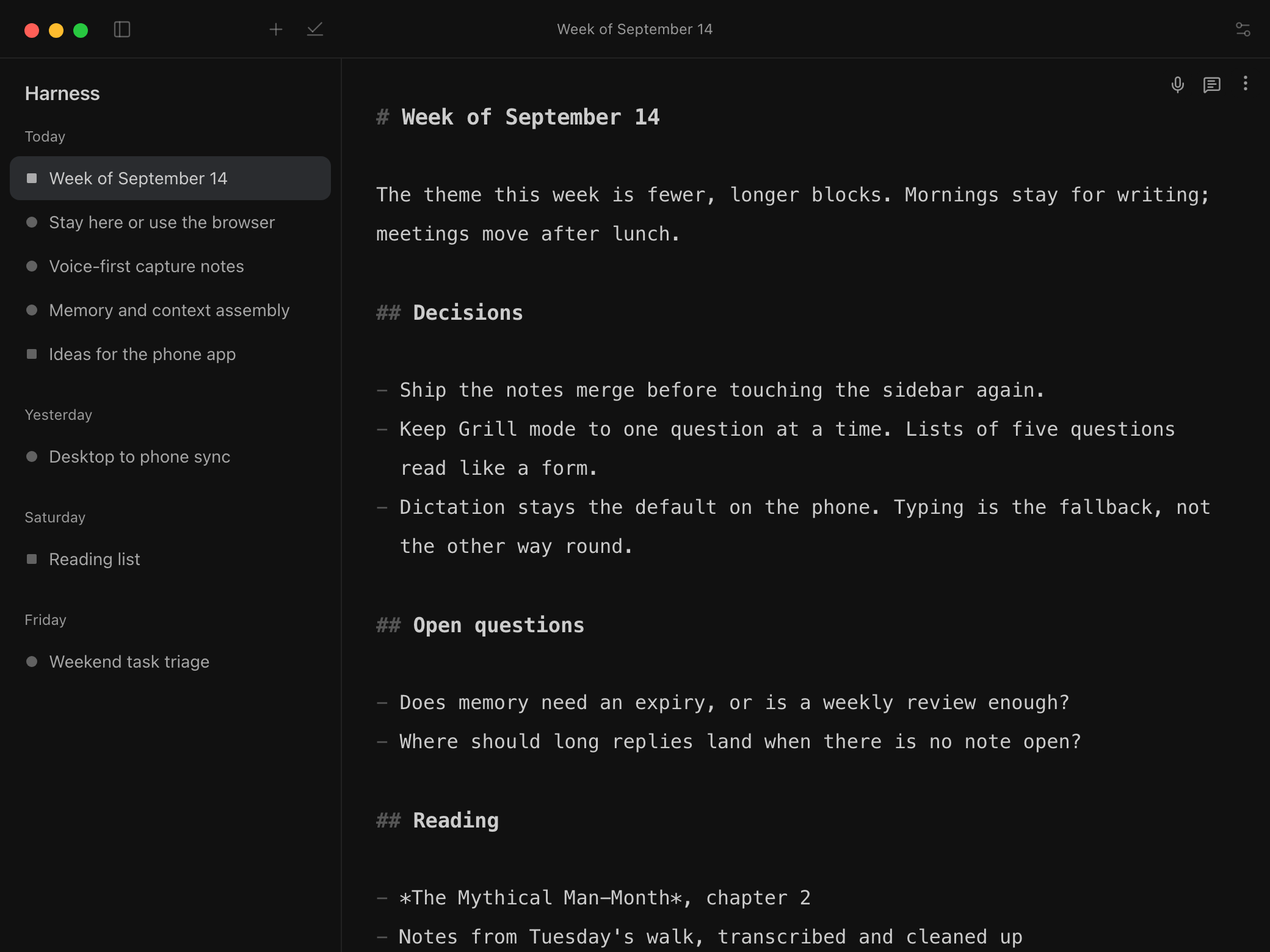 A Markdown note titled Week of September 14, with decisions and open questions, beside the library.