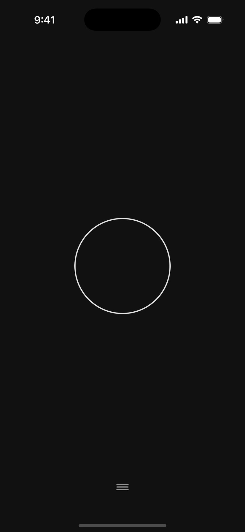 The iPhone home screen of Harness: a single white circle on black, with a small menu button at the bottom.