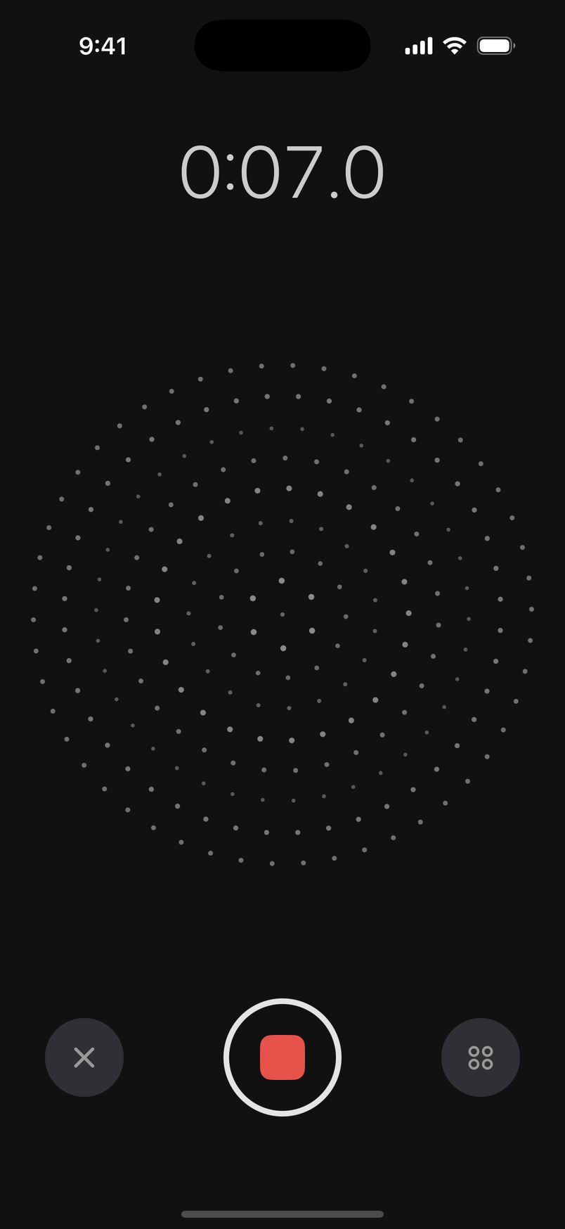 Harness on iPhone while recording: a timer at the top, a field of dots that moves with the voice, and a stop button.