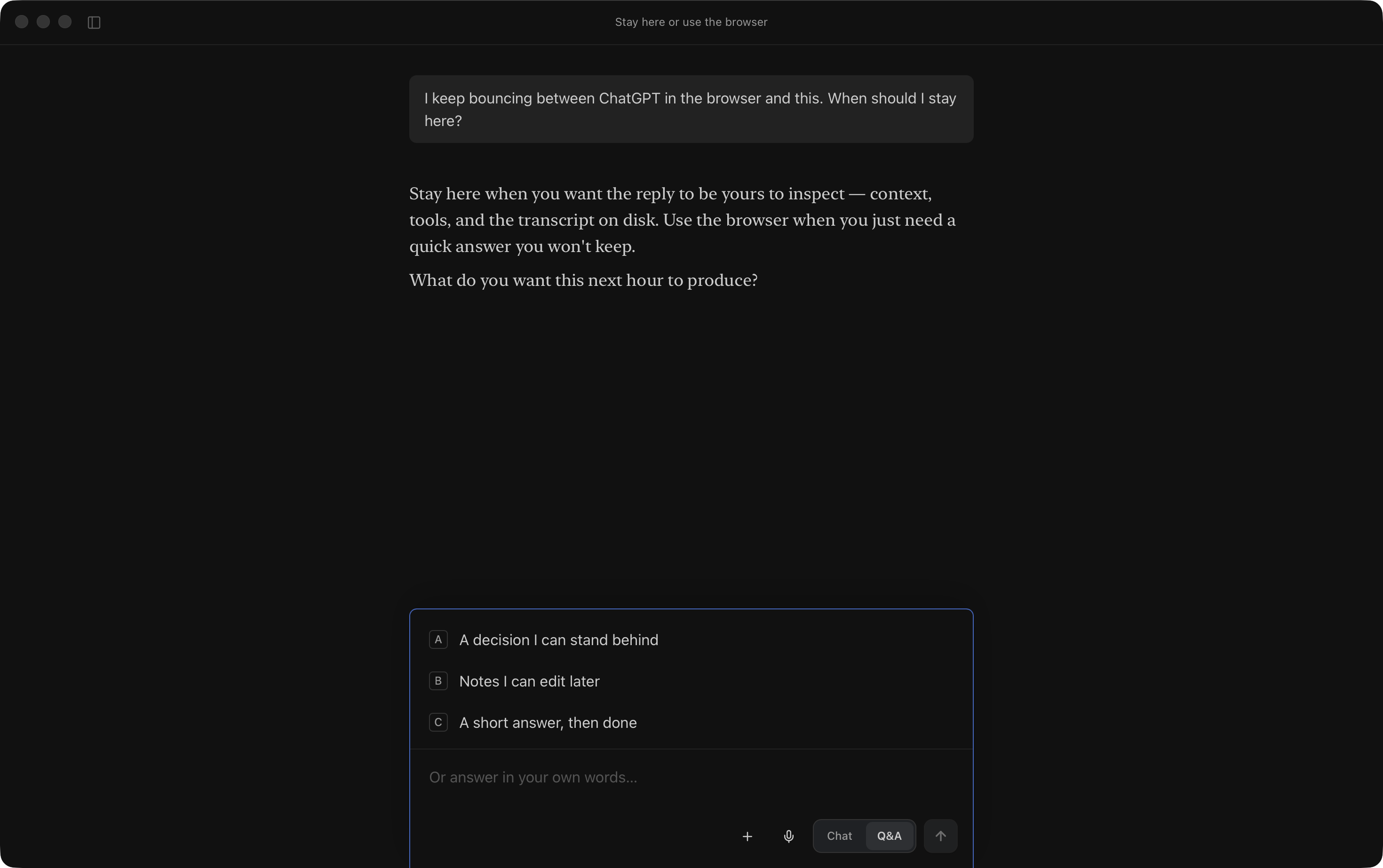 Harness Q&A mode — a short question in the thread and lettered choices in the composer.